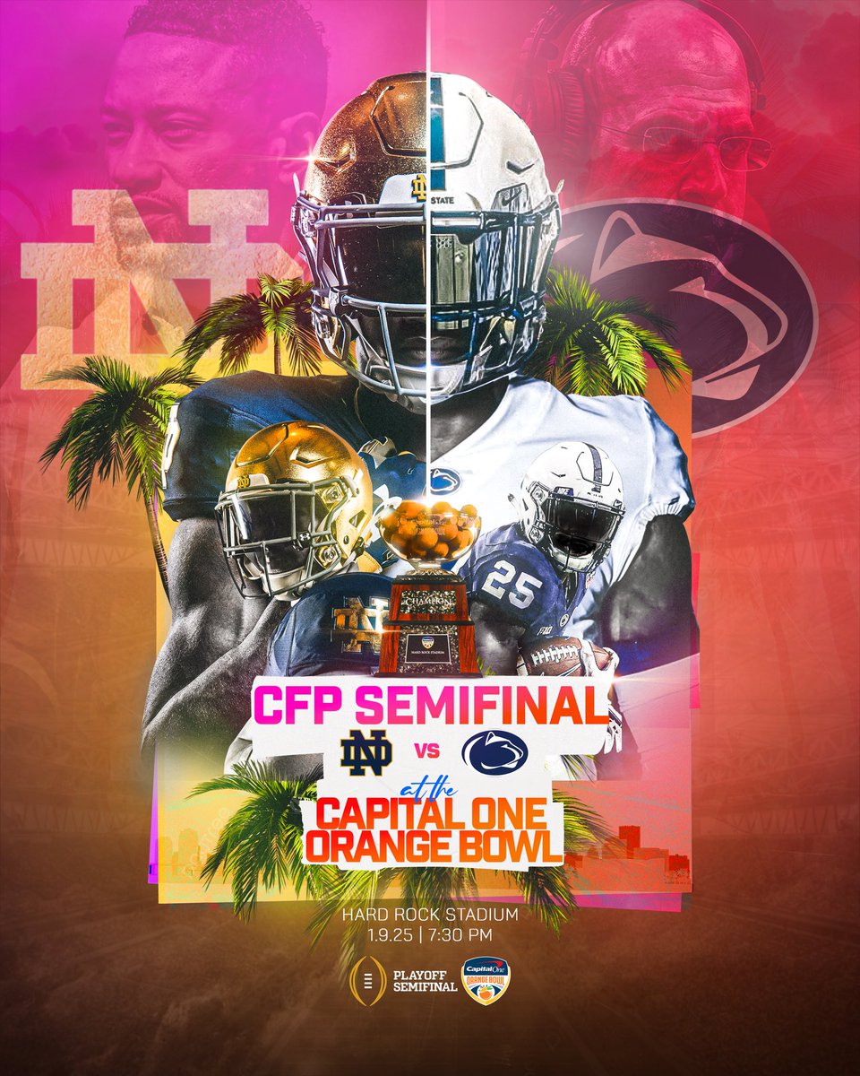 Capital One Orange Bowl (@orangebowl) on Twitter photo The stage is set. 🏟️🍊
<a href="/NDFootball/">Notre Dame Football</a> vs. <a href="/PennStateFball/">Penn State Football</a> in the 2025 #CFP Semifinal at the #CapitalOneOrangeBowl.
#GoIrish #WeAre The stage is set. 🏟️🍊
<a href="/NDFootball/">Notre Dame Football</a> vs. <a href="/PennStateFball/">Penn State Football</a> in the 2025 #CFP Semifinal at the #CapitalOneOrangeBowl.
#GoIrish #WeAre