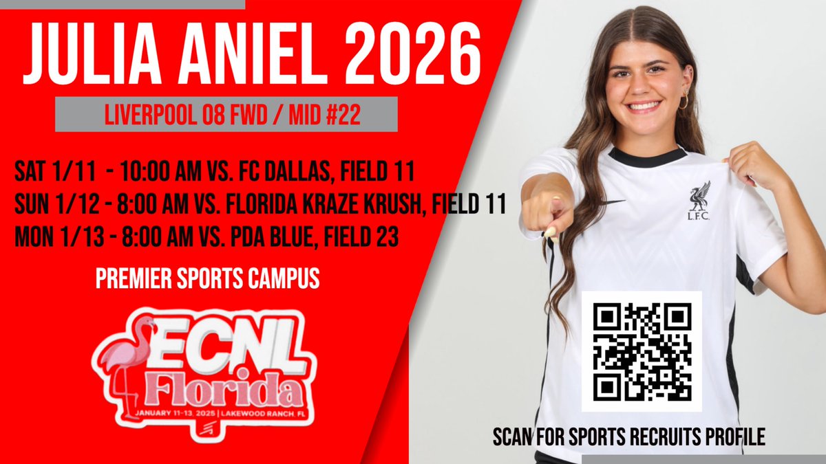 Julia Aniel (@julia_aniel) on Twitter photo Looking forward to Florida ECNL 🌴☀️⚽️ against some of the strongest teams in the nation! Come check us out! <a href="/ImYouthSoccer/">ECNL/GA/Recruiting/College Soccer</a> <a href="/LFCIAMichigan/">Liverpool FC International Academy Michigan</a> #Classof2026 #uncommitted Looking forward to Florida ECNL 🌴☀️⚽️ against some of the strongest teams in the nation! Come check us out! <a href="/ImYouthSoccer/">ECNL/GA/Recruiting/College Soccer</a> <a href="/LFCIAMichigan/">Liverpool FC International Academy Michigan</a> #Classof2026 #uncommitted
