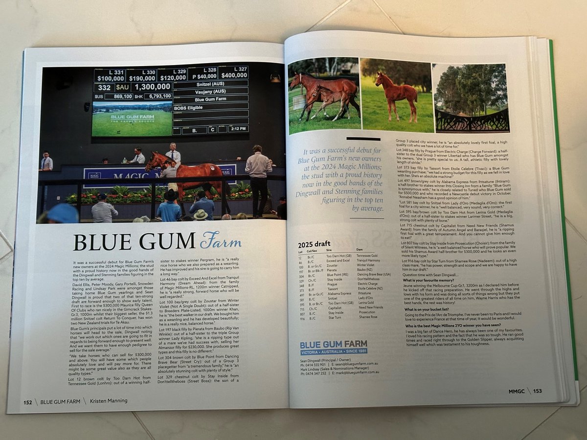 BlueGumFarm's tweet photo. As featured on pages 152 and 153 in the @mmsnippets  Gold Coast Sales Magazine:

https://t.co/Wbpw26jbD3

#BlueGumFarm #TheProvenSource #MagicMillions #MMGC #Yearlings #ThoroughbredBreedersVictoria #TBV #VICBreeder https://t.co/SIpjWQ00TW