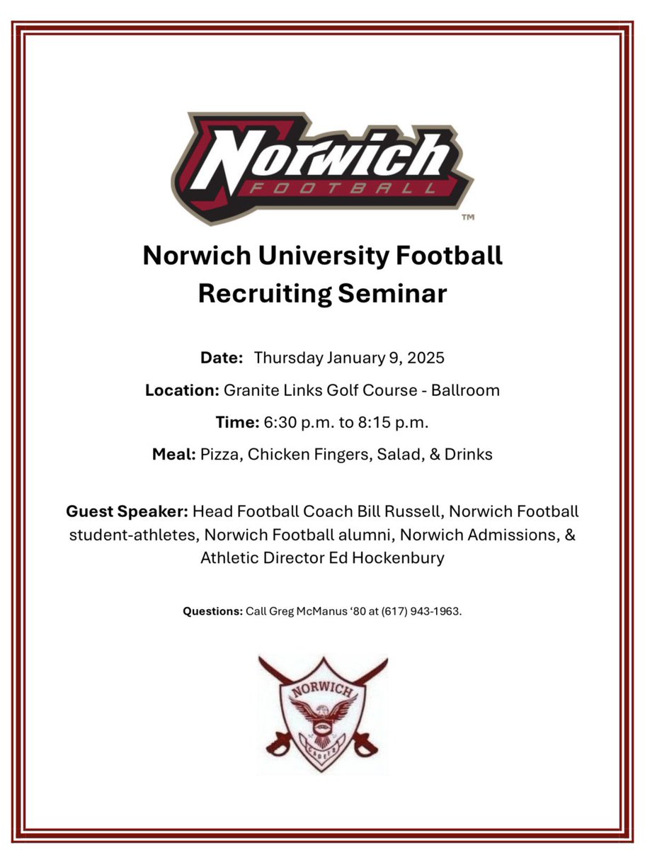 🪖 2025's and 2026's 🪖

Want to meet our head coach and speak to alumni from several different classes? 

Thursday January 9th at 6:30PM at Granite Links Golf Course in Quincy Mass! 

RSVP with Greg McManus 617 943 1963!