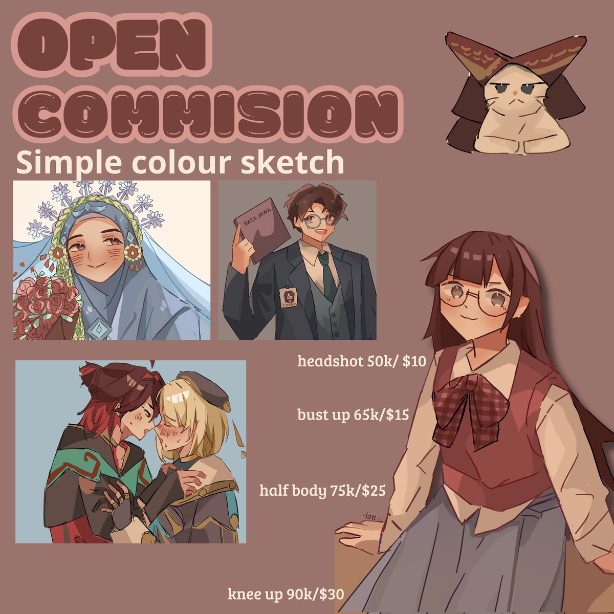 lathifanrai's tweet image. [OPEN COMMS]
RTs and Likes are very appreciated 💕

Haloo teman2.. aku mulai open komis nihh dengan jenis SIMPLE COLOUR SKETCH  😋, untuk kehidupunk yg lebih baik aku harus mulai menabung 🥳 Kalo tertarik langsung DM aja yah.. kutunggu DM kaliann 🥰🤲

#Commission #artidn