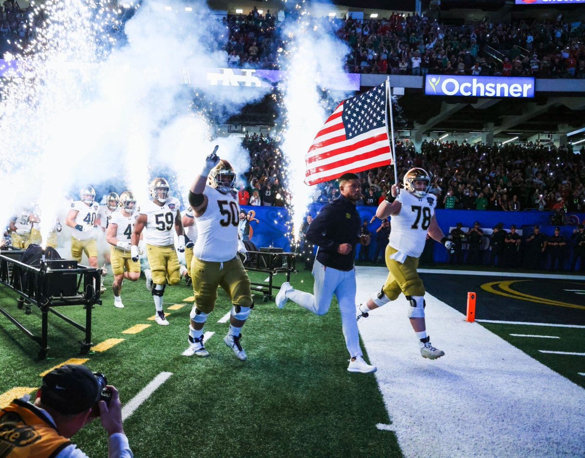 Congrats to Notre Dame &amp; Marist’s own #78 Pat Coogan ‘21 on tonight’s Sugar Bowl win over Georgia. Here’s Pat leading Notre Dame out with the American flag in New Orleans- our prayers are with the victims and their families of the recent tragedy.