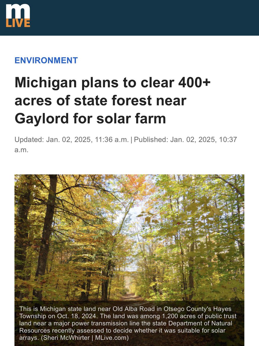 SenAricNesbitt's tweet image. According to Governor Whitmer, we protect the environment by chopping down forests and giving your tax dollars to energy companies. This is just 400 out of the 300 THOUSAND acres of land Dems plan to industrialize with their Green New Scam.