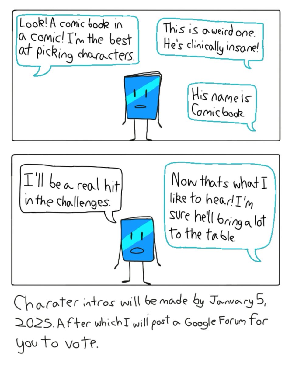 brayden_s907's tweet photo. Woah! New character! He'll be a hit for sure! Unless he gets voted out...
Also: color! The other characters are colored too. I was just too lazy to color them.
#osc #objectshowcommunity #objectshow #objectstrip #objectcomic #comic #comics https://t.co/pCZQJ3Qtb8