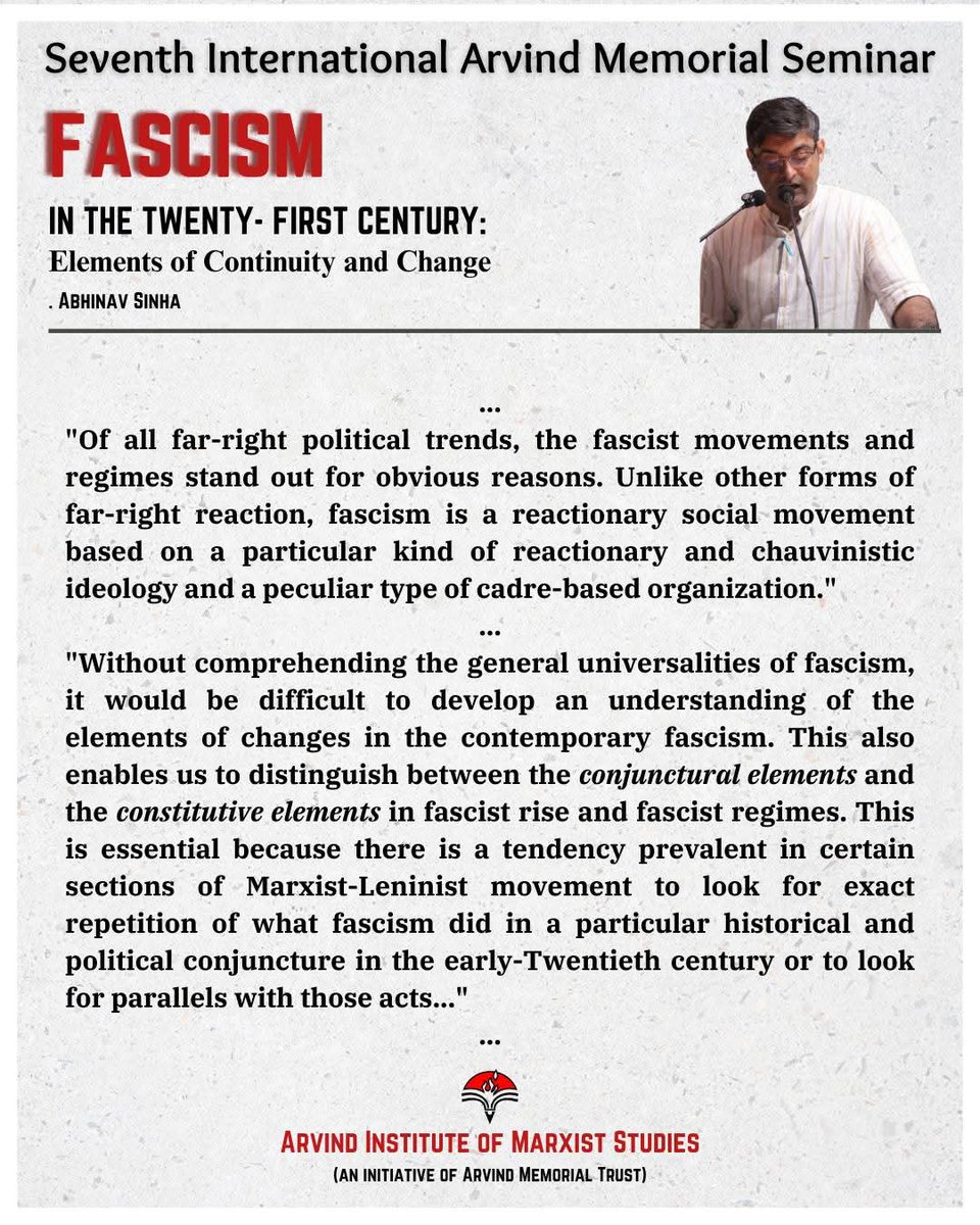 ArvindTrust's tweet photo. Excerpts from key paper 'Fascism in the Twenty-First Century : Elements of Continuity and Change'
• Abhinav Sinha

Read more:
FB https://t.co/kYwHDyolBu
IG https://t.co/JLjcslDmxT

#arvindmemorialseminar
#7tharvindmemorialseminar 
#hyderabad 
#smashfascism 
#seminar https://t.co/KOtvyCGydZ
