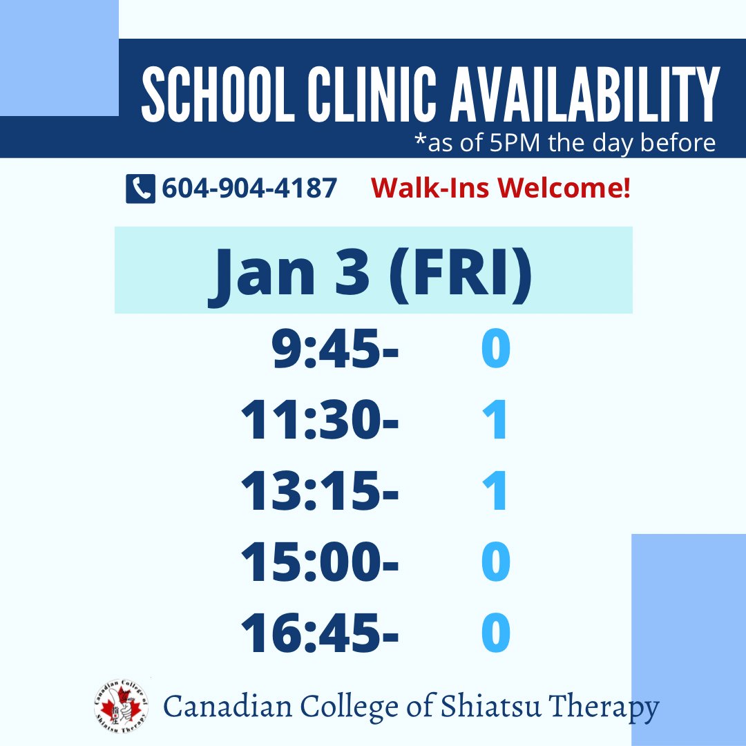 CCST142's tweet photo. Today’s School Clinic Availability (as of 9:30AM) 
Call us at 604-904-4187 or simply drop by our school @ 142 Lonsdale Ave, North Van, BC
75-90mins/$49.35
.
#northvancouver #shiatsu #shiatsutherapy #britishcolumbia #lowerlonsdale #relax  #walkin #CanadianCollegeofShiatsuTherapy https://t.co/RnkC2tYvas