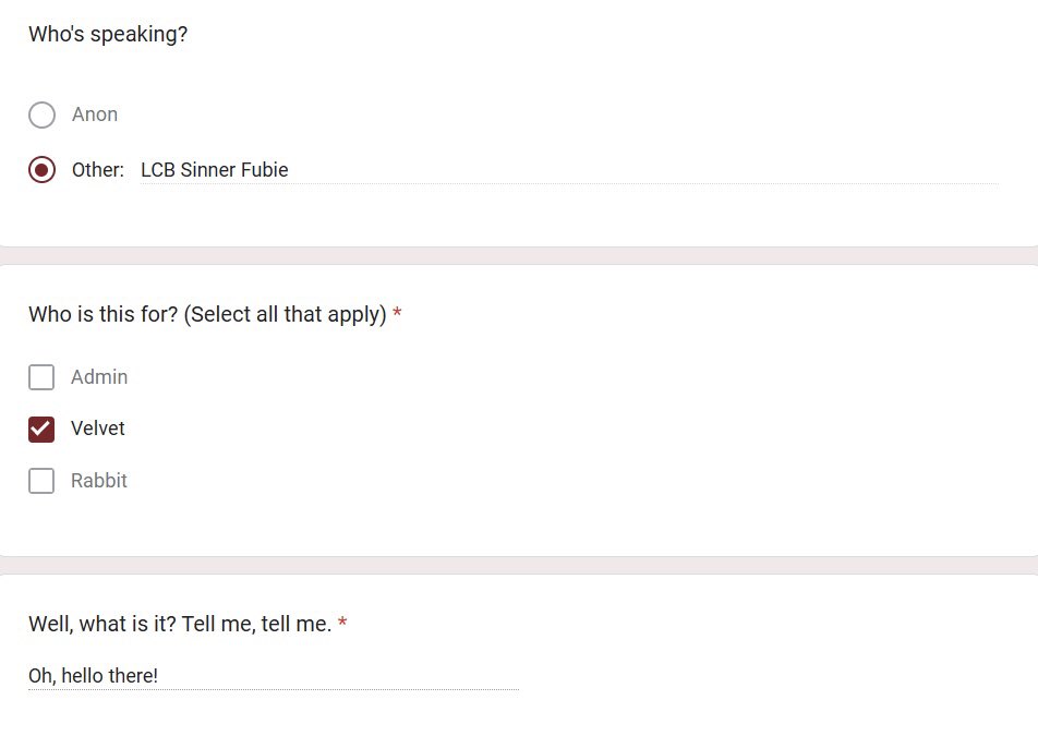 Hello there. That’s not all you have to say, is it? I was expecting a longer chat. 
[Velvet looks mildly displeased.]