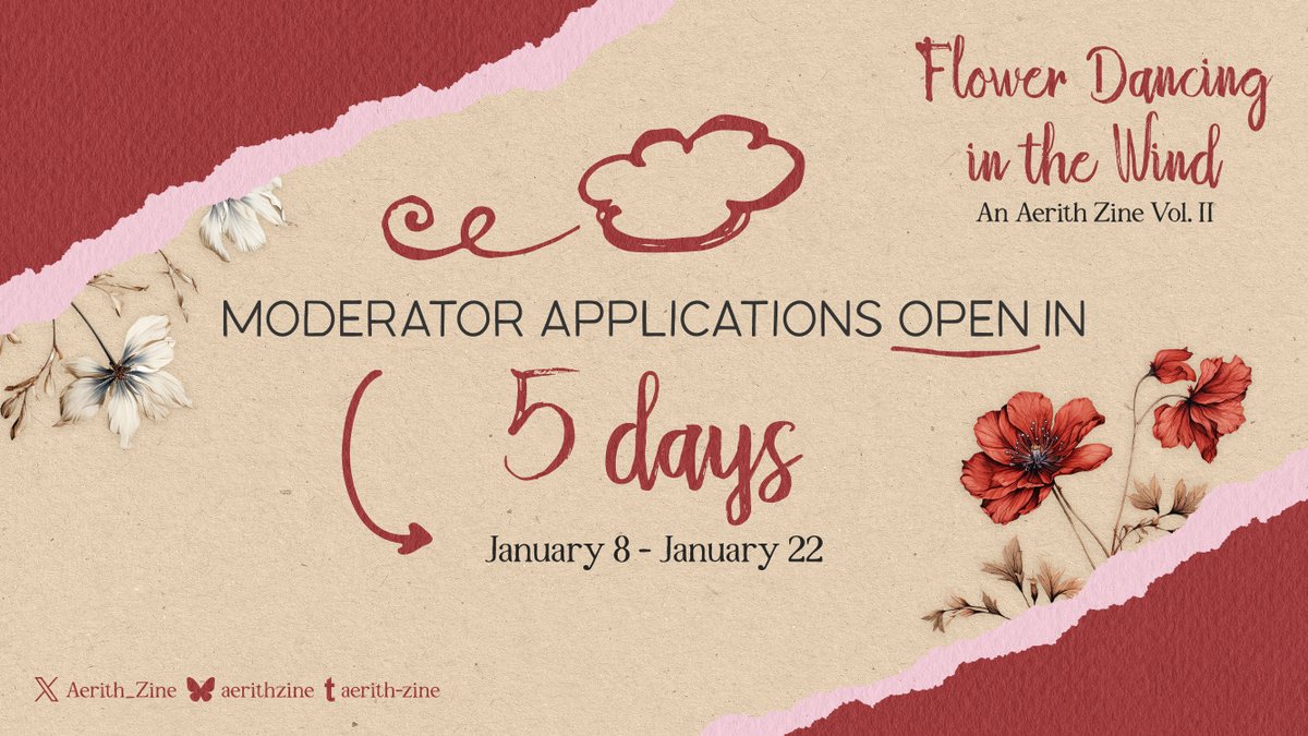 🌸 MOD APP OPEN IN 5 DAYS 🌸

If you love #Aerith and would love to offer assistance, come let us know once Mod App opens on Jan 8th!

In the meantime, feel free to peruse the docs to see what kind of person we're looking for.
💐 bit.ly/AerithZineModI…

#FF7 #FF7R