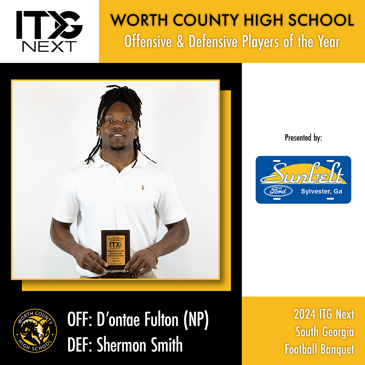 ITG Next - Georgia (@itgnext_georgia) on Twitter photo Congratulations to <a href="/DontaeFultonATH/">Dโontae โBig Play Taeโ Fulton โฐ</a> & <a href="/ShermonSmith25/">Shermon Smith</a> from Worth County High School for being named the Ramsโ 2024 Offensive and Defensive Players of the Year at our 17th Annual ITG Next South Georgia High School Football Banquet! Presented by <a href="/Sunbeltfords/">Sunbelt Ford in Sylvester</a> #sponsored Congratulations to <a href="/DontaeFultonATH/">Dโontae โBig Play Taeโ Fulton โฐ</a> & <a href="/ShermonSmith25/">Shermon Smith</a> from Worth County High School for being named the Ramsโ 2024 Offensive and Defensive Players of the Year at our 17th Annual ITG Next South Georgia High School Football Banquet! Presented by <a href="/Sunbeltfords/">Sunbelt Ford in Sylvester</a> #sponsored
