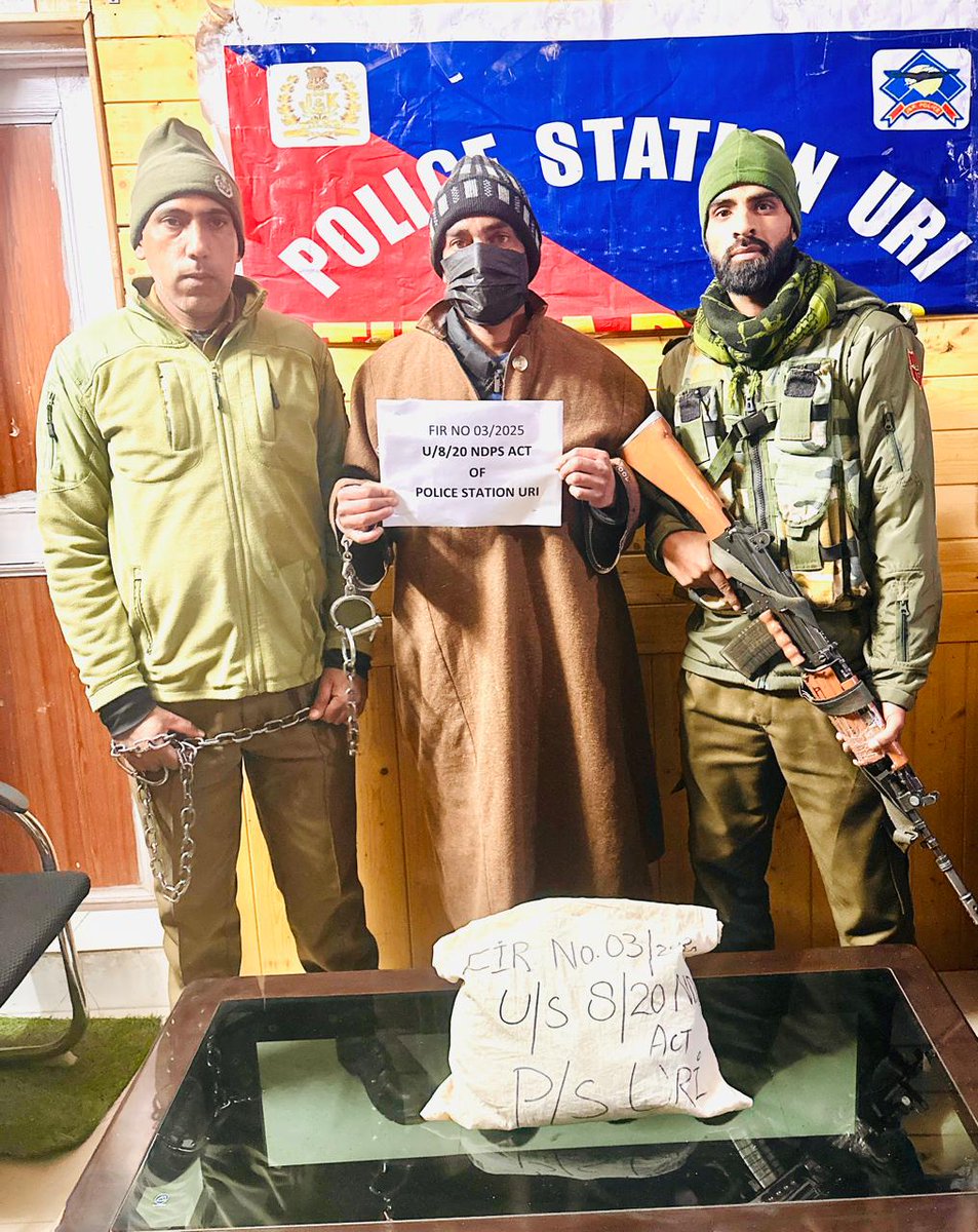 Baramulla Police (بارہمولہ پولیس) (@baramullapolice) on Twitter photo Police arrested drug peddler in Uri, Baramulla; Contraband substance recovered.
<a href="/JmuKmrPolice/">J&K Police</a>
<a href="/KashmirPolice/">Kashmir Zone Police</a>
<a href="/DIGBaramulla/">DIG of Police NKR Baramulla</a>
<a href="/DCBaramulla/">Deputy Commissioner Baramulla</a>
<a href="/Gurinderpal_IPS/">Gurinderpal Singh, IPS</a> Police arrested drug peddler in Uri, Baramulla; Contraband substance recovered.
<a href="/JmuKmrPolice/">J&K Police</a>
<a href="/KashmirPolice/">Kashmir Zone Police</a>
<a href="/DIGBaramulla/">DIG of Police NKR Baramulla</a>
<a href="/DCBaramulla/">Deputy Commissioner Baramulla</a>
<a href="/Gurinderpal_IPS/">Gurinderpal Singh, IPS</a>