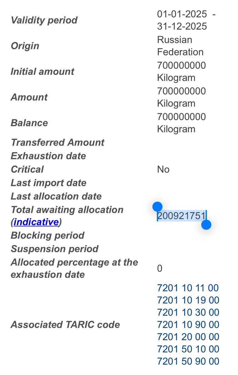 ElinaVirchenko's tweet image. 200,921.751 tonnes of Russian #pigiron await allocation in the EU under the reduced 700,000-tonne quota for 2025, down from 1.14mt for 2024 filled by early Sept. 

From 2026, Russian pig iron will face a complete ban in EU. #Steel