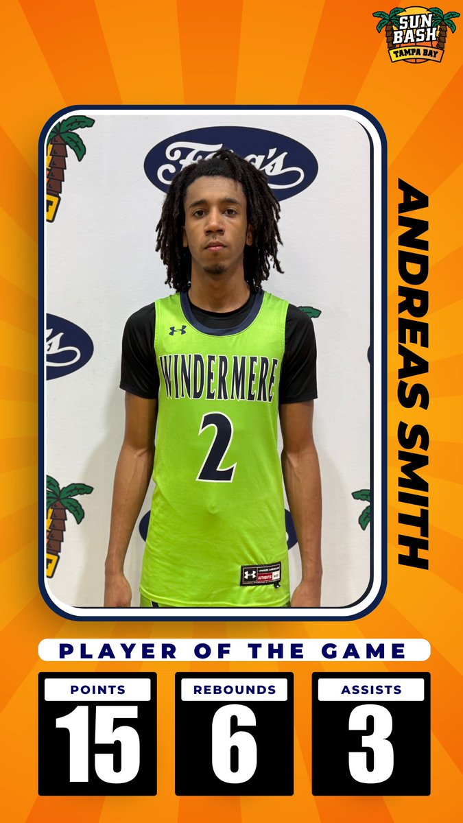 Game 8: <a href="/sunbashtourney/">Sun Bash</a> Tampa Bay

Players of The Game

Left: 2025 G Jacob Daniels (Gibbs) was in his bag. Attacking, hitting jumpers. Clutch performance. Best pure guard in gym

Right: 2025 G Andreas Smith (Windermere) didn't shy away from contact, shifty finisher. Athlete