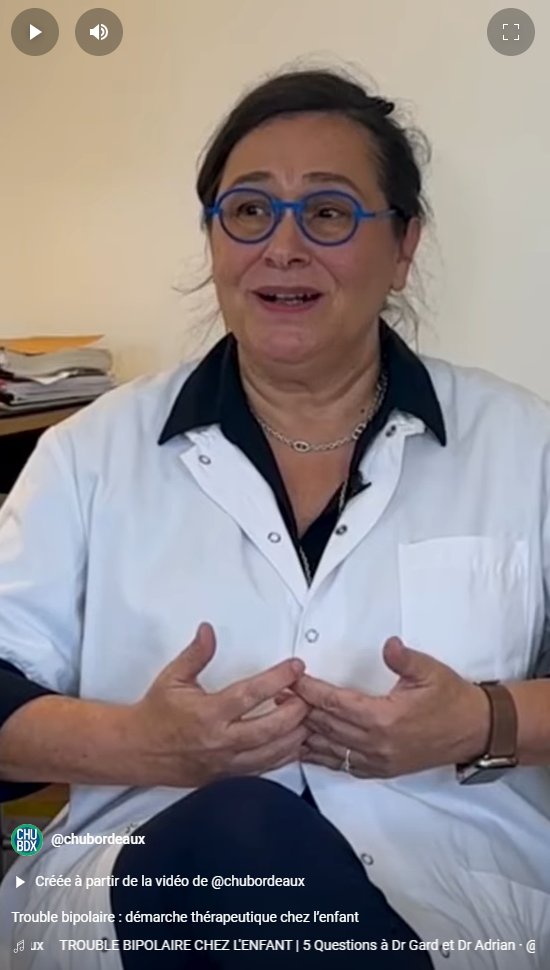[#SHORT] "Trouble bipolaire : démarche thérapeutique chez l’enfant" avec le Dr Valerie Adrian, pédopsychiatre au <a href="/CHUBordeaux/">CHU de Bordeaux</a>
👉youtube.com/shorts/bt2RTmV…

Vidéo version longue avec le Dr Sébastien GARD, psychiatre au <a href="/ch_perrens/">CH Charles Perrens</a> et Dr Valerie Adrian
👉youtube.com/watch?v=_ZU9hc…
