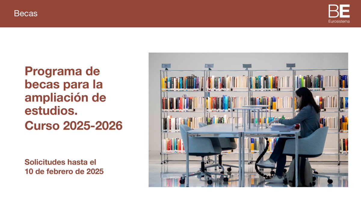 BancoDeEspana's tweet photo. 📣¿Estás considerando cursar un posgrado en economía o finanzas? ¡Esto te interesa! 👇
Ofrecemos 10 becas de ayuda financiera para estudiar en España o en el extranjero por hasta dos años, comenzando en el año académico 2025-26. Envía tu solicitud antes del 10 de febrero.

https://t.co/Ei2dQRIqL2
