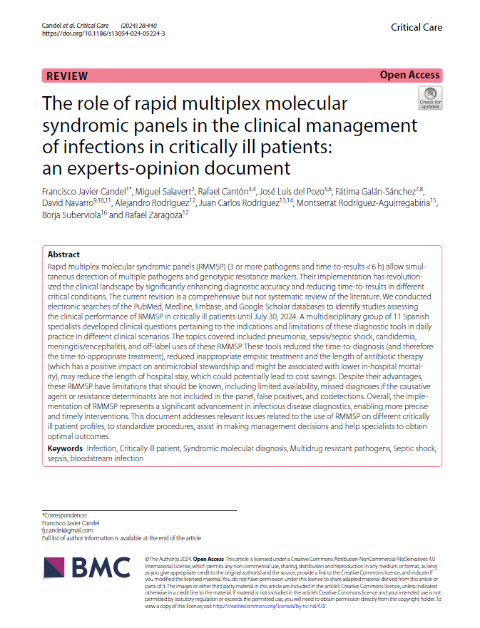 Jose Luis Del Pozo (@jdelpoleo) on Twitter photo Enormous multidisciplinary work. Proud to be part of this team. This document addresses relevant issues related to the use of molecular syndromic panels on critically ill patients to assist in making management decisions.
pubmed.ncbi.nlm.nih.gov/39736683/
<a href="/ClinicaNavarra/">Clínica Universidad de Navarra</a> Enormous multidisciplinary work. Proud to be part of this team. This document addresses relevant issues related to the use of molecular syndromic panels on critically ill patients to assist in making management decisions.
pubmed.ncbi.nlm.nih.gov/39736683/
<a href="/ClinicaNavarra/">Clínica Universidad de Navarra</a>