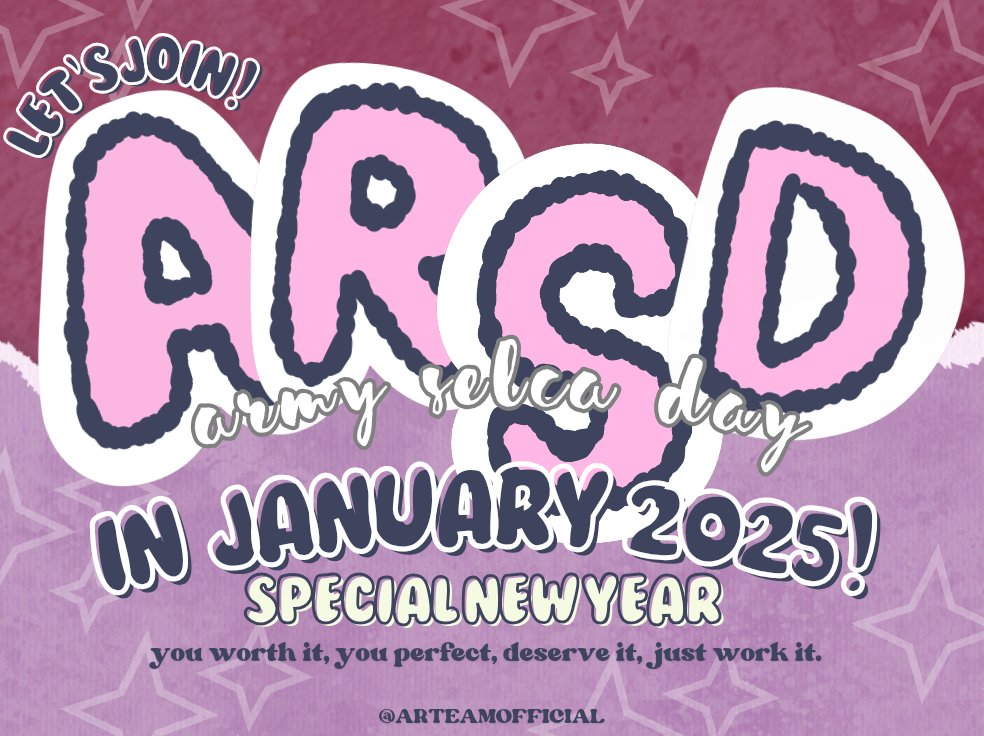 arteamofficial's tweet photo. ARMYYY‼️❤️‍🔥

Please welcome ARSD special New Year 2025!💫💥🤩

Join #ARSDinJanuary special #NewYear2025 on:

📅 6 Januari 2024
🕗 19.00 WIB
📍X

Feel free to tag us! Have fun ARMY!😉❤️‍🔥 https://t.co/yJ7F53UXKU