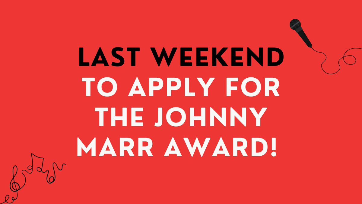 The Johnny Marr Award closes on Sunday! 

If you're 11 to 25, living in #Salford &amp; have a proven passion for music, use this weekend to apply. 

You could win £1000 to put towards your musical journey!
 
Apply 👉 bit.ly/3WHTa4z

#Charity #Funding #Music #MusicAward