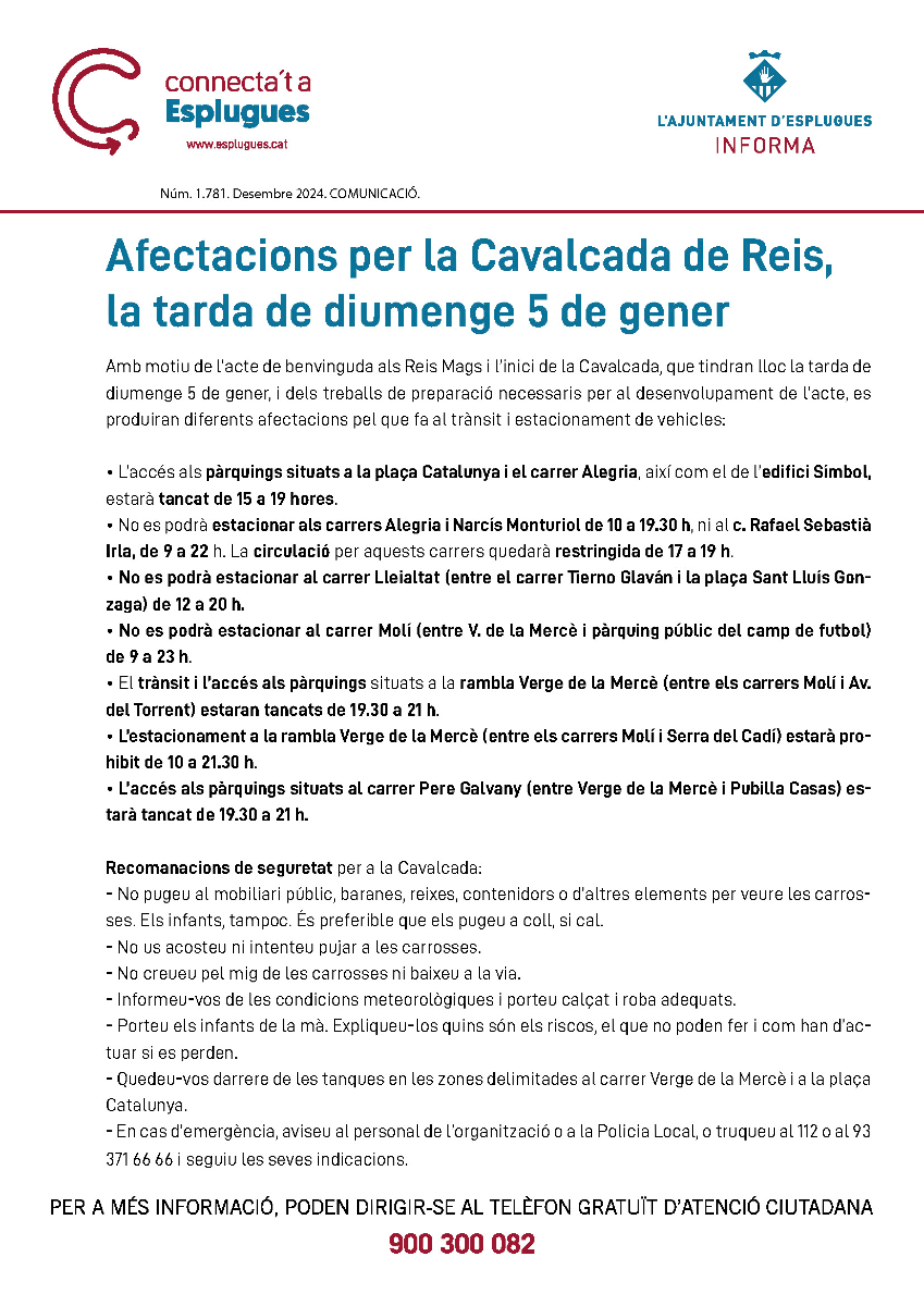ajesplugues's tweet photo. 📢AVÍS #Esplugues

⚠️🐫🐫🐫 Afectacions per la Cavalcada de Reis
Diumenge 5 de gener - tarda.

✅ Consulta també les recomanacions de seguretat i el mapa del recorregut👇 https://t.co/FgXxZTtCpU