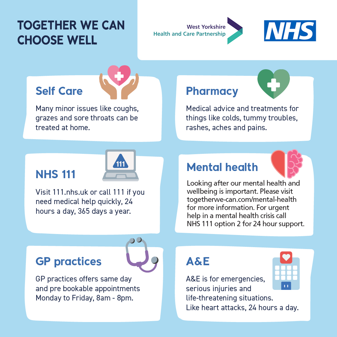 Winter is a busy time for NHS services. Help the NHS and yourself by choosing the right service most appropriate for your needs. 

Visit orlo.uk/N51wP for local health advice, call 111 or visit NHS 111 online.
