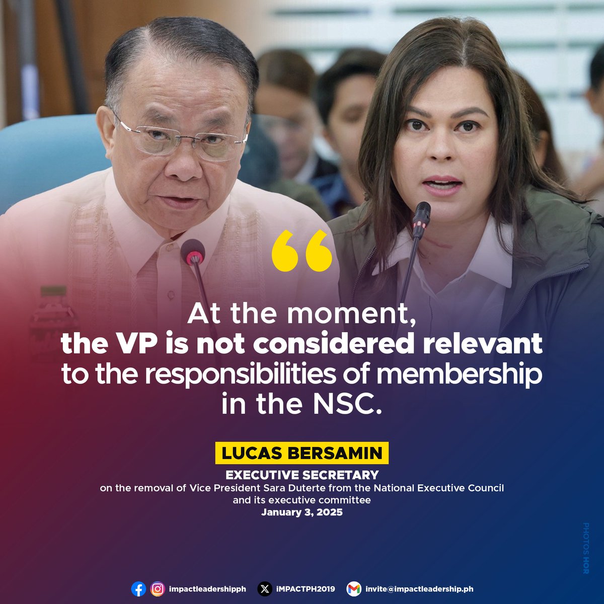 'THE VP IS NOT CONSIDERED RELEVANT'

Executive Secretary Lucas Bersamin explained the rationale behind Executive Order (EO) 81, series of 2024, which reorganizes and streamlines the membership of the National Security Council (NSC).

"EO 81, s. 2024 is issued to reorganize and