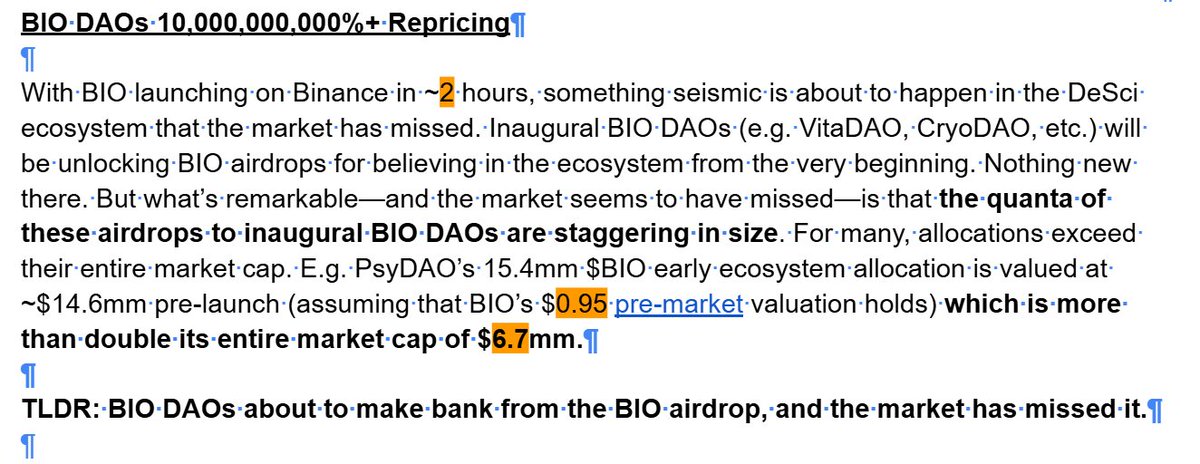 Arthur Hayes (@cryptohayes) on Twitter photo Let's DEGEN, the $BIO launch will re-rate the #DeSci narrative. Due to their $BIO rewards, <a href="/MaelstromFund/">Maelstrom</a> bot $VITA; $ATH; $GROW; $PSY; $CRYO; $NEURON bc they trade under book value, see below π
<a href="/lukas_rppt/">Lukas Ruppert</a> did the research
tickers: dexscreener.com/watchlist/V4u8β¦
long form report: Let's DEGEN, the $BIO launch will re-rate the #DeSci narrative. Due to their $BIO rewards, <a href="/MaelstromFund/">Maelstrom</a> bot $VITA; $ATH; $GROW; $PSY; $CRYO; $NEURON bc they trade under book value, see below π
<a href="/lukas_rppt/">Lukas Ruppert</a> did the research
tickers: dexscreener.com/watchlist/V4u8β¦
long form report: