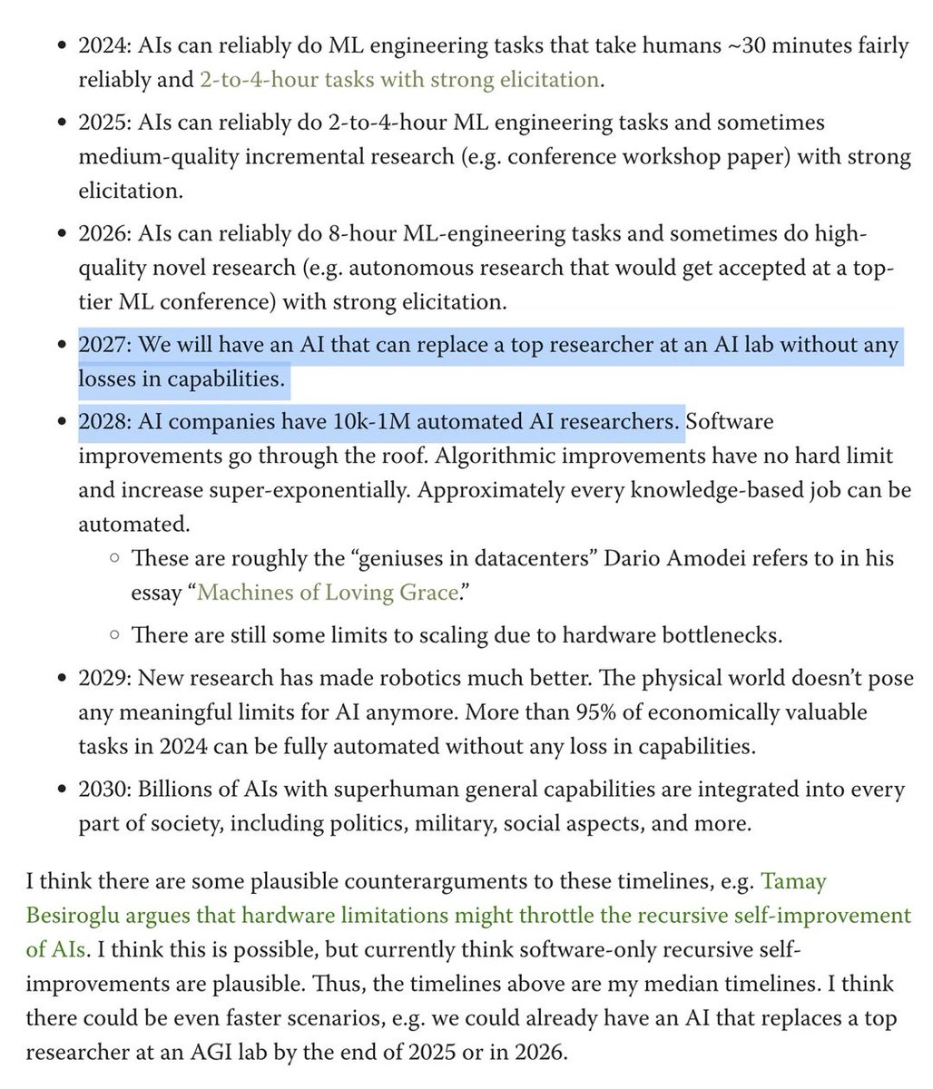 kimmonismus's tweet photo. Short timelines scenario: once an AI can replace a top AI researcher, there could be 1 million of them one year later.

3 more years friends

Via lesswrong https://t.co/ov5z7wJQEM