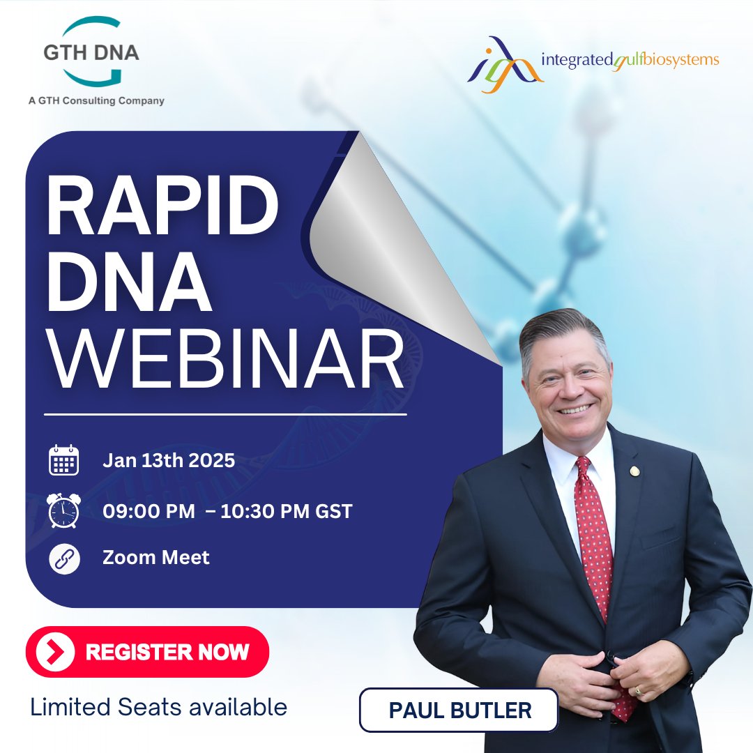 IGBiosystems's tweet image. We welcome you to register for webinar on Rapid DNA Webinar hosted by Paul Butler, International Law Enforcement Leadership Expert organised by GTH
DNA. 
#Webinar #DNA #ForensicResearch #GTHDNA #IGB
Link to register - shorturl.at/x12oc
