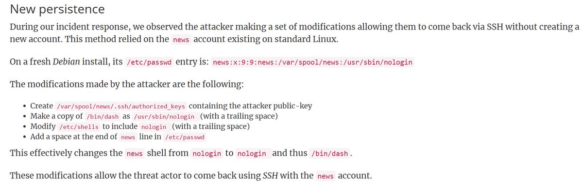 Interesting new variant of Perfctl leveraging a (for me) unknown Linux persistence trick, first written about by Exatrack. This trick can be used for other system users as well. Let's take a look at an example.

source: blog.exatrack.com/Perfctl-using-…

1/x
