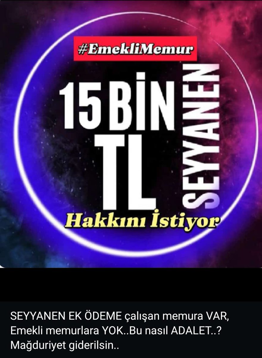 Cemil Tufan (@cemiltufan18) on Twitter photo Memur emeklisine yine adaletsizlik yine zulüm. SSK ve Bağ-Kur emeklilerine %15 memur emeklisine %11,5 Adaletin nerede <a href="/Akparti/">AK Parti</a> ? #EmekliMemur yine en düşük zammı alan kesim olacak.
Seyyanen zam hakkımız verilmelidir.
<a href="/RTErdogan/">Recep Tayyip Erdoğan</a>
<a href="/memetsimsek/">Mehmet Simsek</a>
#MemurEmeklisineAdalet Memur emeklisine yine adaletsizlik yine zulüm. SSK ve Bağ-Kur emeklilerine %15 memur emeklisine %11,5 Adaletin nerede <a href="/Akparti/">AK Parti</a> ? #EmekliMemur yine en düşük zammı alan kesim olacak.
Seyyanen zam hakkımız verilmelidir.
<a href="/RTErdogan/">Recep Tayyip Erdoğan</a>
<a href="/memetsimsek/">Mehmet Simsek</a>
#MemurEmeklisineAdalet