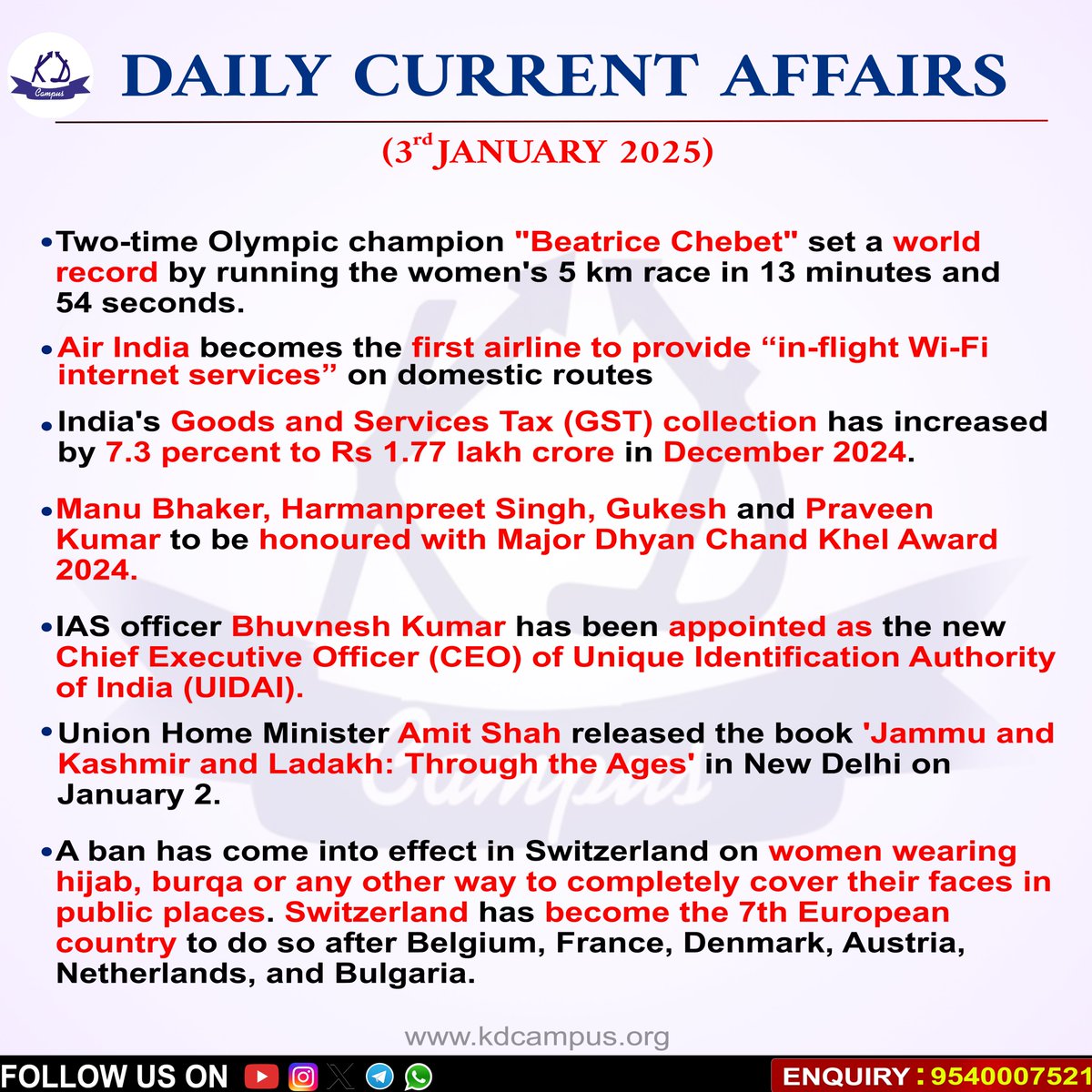 KDCurrentUpdate's tweet image. Current Affairs 3rd January 2025(English) #currentaffairs #Currentupdates
