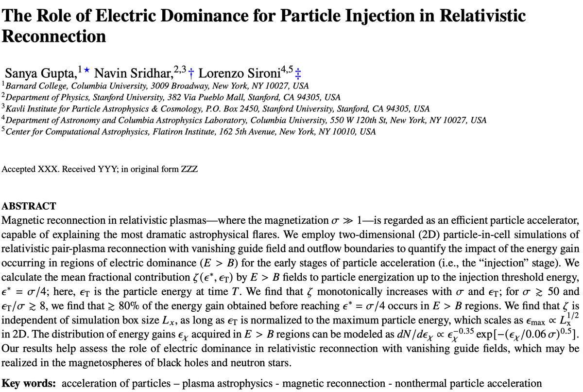 New paper, led by student Sanya: arxiv.org/abs/2501.00979!
tl;dr: In relativistic reconnection, the initial stages of particle energization happen mostly in 'non-ideal' regions where electric field dominates over magnetic field; relevant for black hole/neutron star magnetospheres.