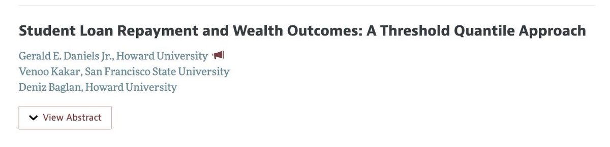 Join us for a presentation on Student Loan Repayment and Wealth Outcomes at the #ASSA2025 #econtwitter <a href="/GEDanielsJr/">Gerald Eric Daniels</a> at the NEA session January 3rd 8am Hilton Union Square 8 aeaweb.org/conference/202…