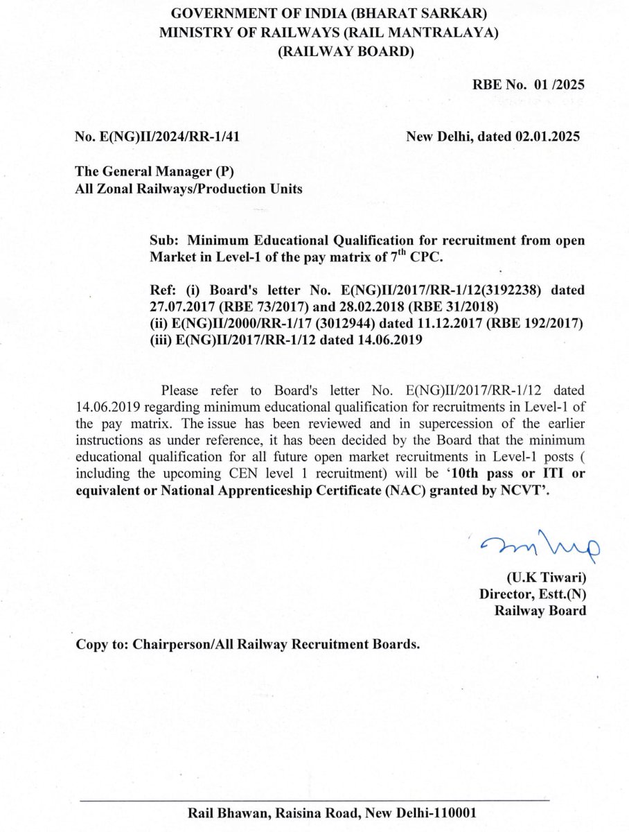 ITI जैसे बेकार के कोर्स कर युवा साथी Pls 
अपना भविष्य खराब न करें
ITI करने के बाद Tech. Skills का कोई विशेष फायदा नही मिलेगा
क्योंकि ये मोदी सरकार है अपने बातों पर कायम नहीं रहती रेल बोर्ड मनमर्जी करता है
2019 वाली ग्रुप डी मे CCAA 109 का मामला
<a href="/RailMinIndia/">Ministry of Railways</a>
<a href="/PMOIndia/">PMO India</a> 
<a href="/DGT_MSDE/">Directorate General of Training (DGT)</a>