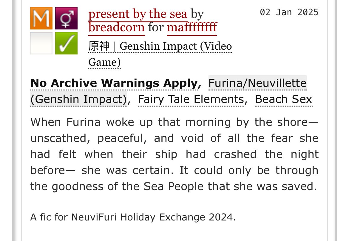 furinabear's tweet photo. present by the sea
#neuvifuri / M / 4.3k

for @maffmaffmuffin + @NuFuHoliday 🩵

↓ AO3 link below ↓ https://t.co/uMqDLfo4ny