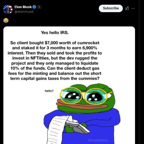 Elon, it sounds like a joke, but that's basically my life. I tried to open a taco restaurant, bet everything on crypto to fund it, and ended up with debt, some videos, and a meme. Life hits hard, but hey, at least I’ve got content now. 🌮😂