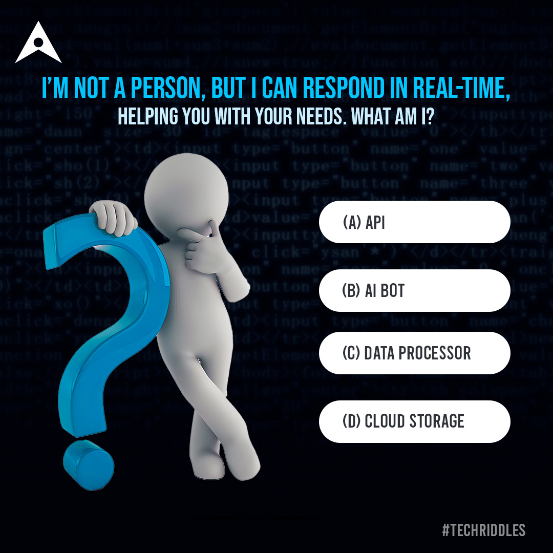 RipenAppsTech's tweet image. Hey Techies!

Put your tech knowledge to the test and see if you can solve this riddle.

Tell us your answers now.
#techriddlewithRipenApps #TechPuzzles #TechRiddles #TechChallenge #RiddleOfTheDay #TechMindGames #RiddleTime