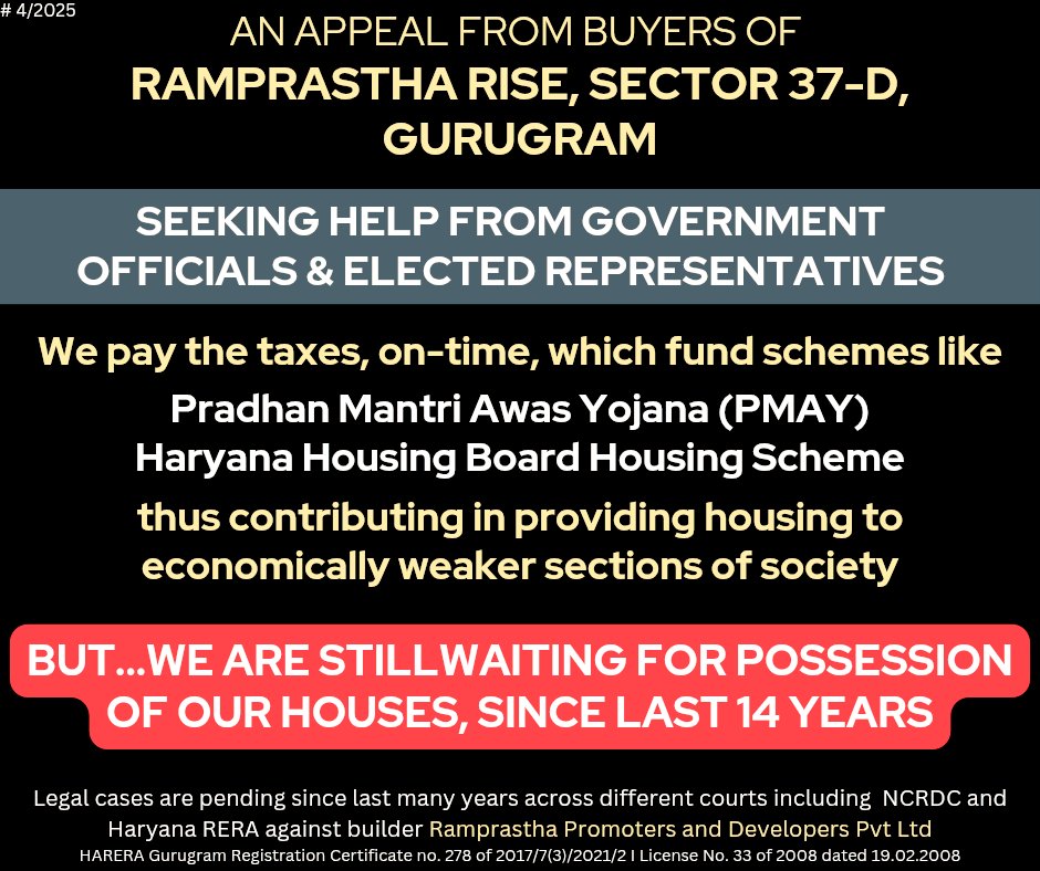 Please Help!

We are waiting to get possession of our flats since 14 years from Ramprastha Promoters &amp; Developers

<a href="/narendramodi/">Narendra Modi</a> <a href="/rprise37d/">Ramprastha Rise Buyers</a>
<a href="/cmohry/">CMO Haryana</a> @nayabsainibjp  <a href="/hareragurugram3/">harera gurugram</a> <a href="/MukeshSharmaGG/">Mukesh Sharma</a> @pmoindia <a href="/mlkhattar/">Manohar Lal</a> <a href="/Rao_InderjitS/">Rao Inderjit Singh</a> <a href="/dir_ed/">ED</a> <a href="/indSupremeCourt/">Supreme Court of India</a>  <a href="/BhupinderShooda/">Bhupinder Singh Hooda</a>