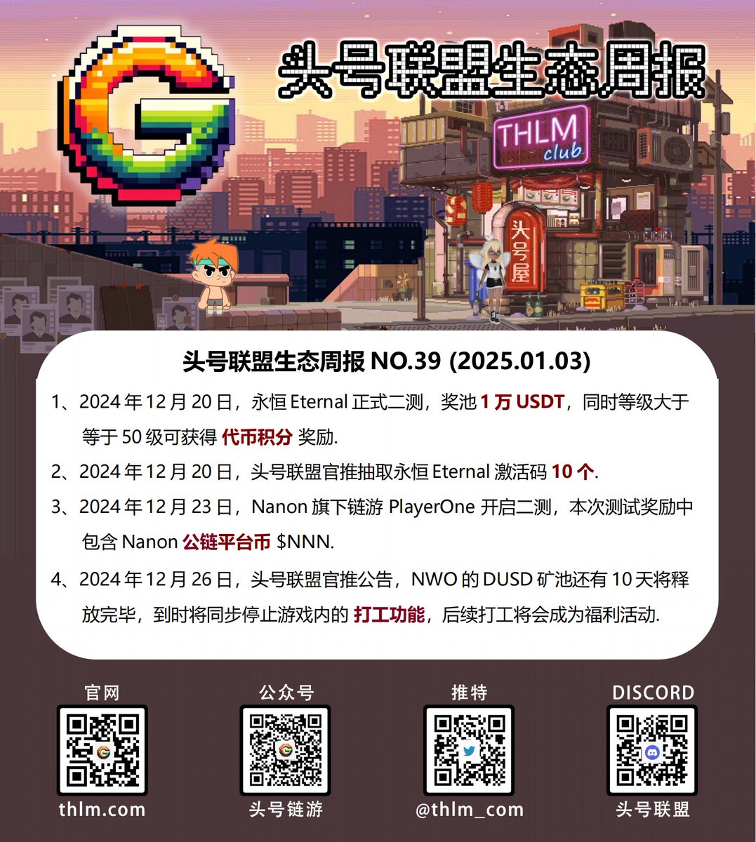 #头号联盟生态周报  NO.39

1、2024年12月 20日，永恒 Eternal正式二测，奖池1万 USDT，同时等级大于等于 50 级可获得 代币积分 奖励。

2、2024年12月 20 日，头号联盟官推抽取永恒 Eternal 激活码 10 个。

3、2024年12月 23 日，Nanon 旗下链游 PlayerOne 开启二测，本次测试奖励中包含 Nanon