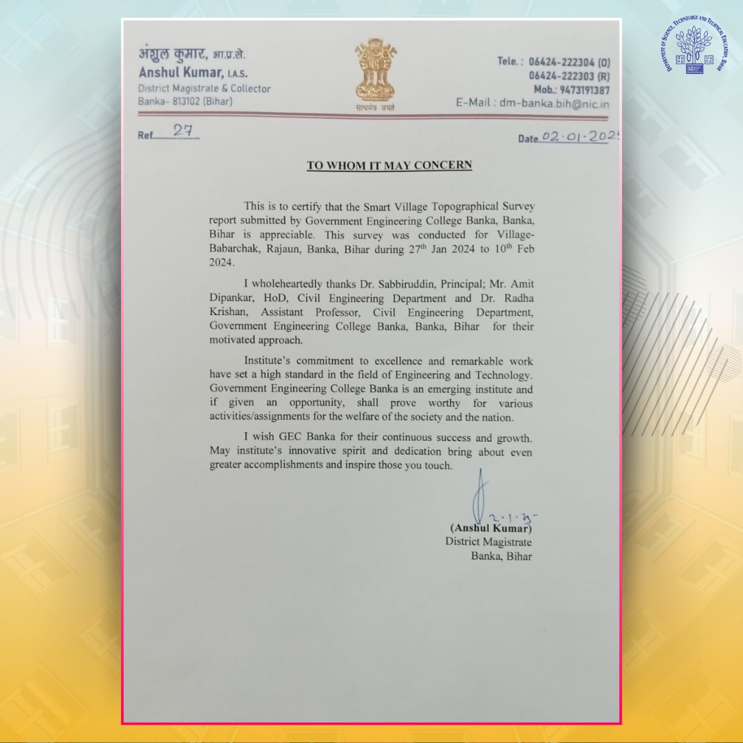 DSTTEBihar's tweet photo. Kudos to GEC Banka for successfully submitting a smart village survey for Babarchak, Banka! Honored with a certificate by DM Sri Anshul Kumar for their valuable contribution to the project. 

@IPRDBihar @BiharEducation_ @sumit4chakai @NitishKumar @GecBanka 

#DSTTEBihar https://t.co/FLGzyOM0aq