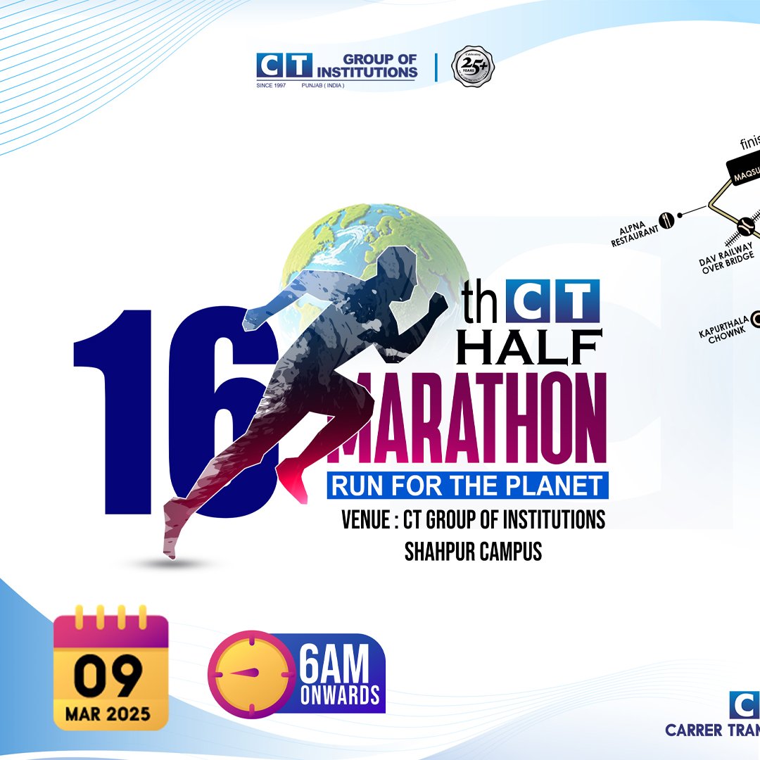 CTGroupshahpur's tweet photo. The Iconic CT Half Marathon is Back!

Join us and embrace the theme: Run for the Planet!

📞 Contact: +91 6239 500 600.

#Ctgroup #halfmarathon #ctgroupofinstitutions #shahpurcampus #southcampus #jalandhar #CareerTransformation #runforplanet https://t.co/smaHgfbbvo