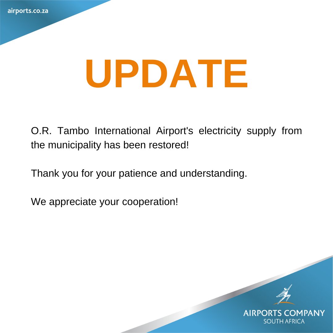 ortambo_int's tweet image. UPDATE: O.R. Tambo International Airport's electricity supply from the municipality has been RESTORED! Thank you for your patience and understanding. We appreciate your cooperation! #BackToNormal #PowerRestored