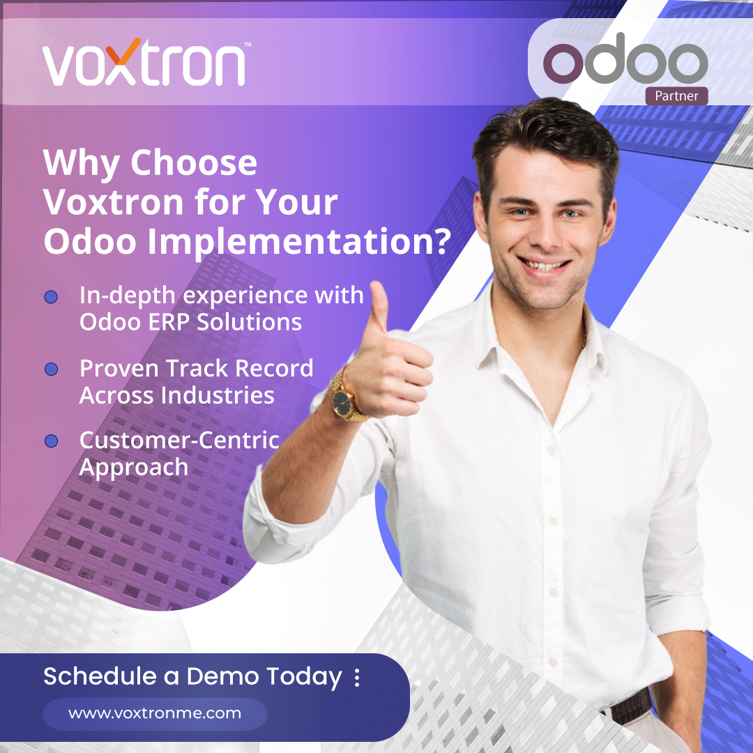 Voxtronsolution's tweet image. Voxtron delivers seamless Odoo ERP implementation with trusted expertise.
*In-Depth Knowledge
*Customer-Centric Solutions
*Proven Success Across Industries
Optimize, scale, and grow with Voxtron.
voxtronme.com
#Odoo #ERP #OdooImplementation #Voxtron #OdooPartner #UAE
