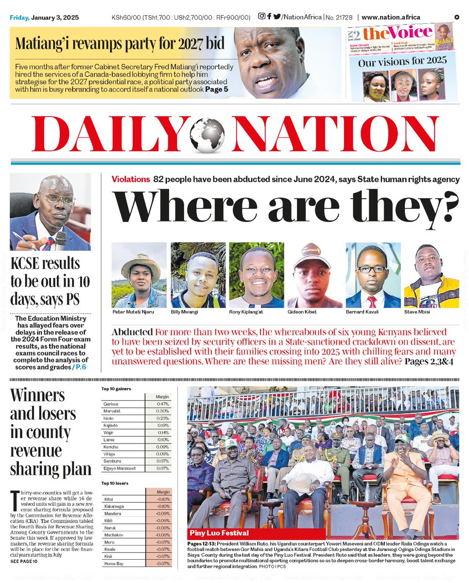 Good morning, Kenya! Let's amplify our voices to help the families and urge the government to free Bernard Kavuli, Peter Muteti, Billy Mwangi, Rony Kiplangat, Gideon Kibet, and Steve Mbisi.
Just retweet let's make 1M retweets. They depend on us 
#FreeKibetBull #FreePeterMuteti