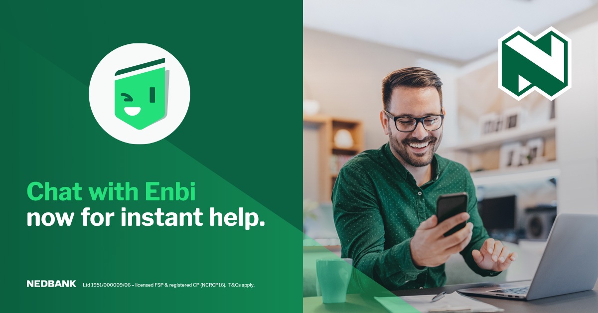 Nedbank's tweet photo. On vacation, in a different time zone, and need help ASAP?
Chat with Enbi, our 24/7 digital assistant, via the Money app and Online Banking. Enjoy your time in the sun with no worries. βοΈ
#AskEnbiFirst https://t.co/n9C5VVqxvr