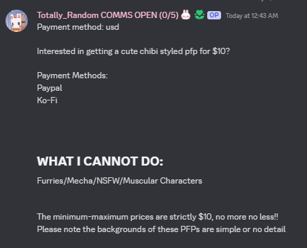 _TotallyRand0m's tweet photo. Hello There! I havent been online in this platform in awhile but if anyone is interested 

IM DOING COMMISIONS FOR ONLY $10

CHIBI STYLED ART PFP FOR $10 [paypal / ko-fi ONLY] 
If you are interested please hit me up in discord

totally_random

https://t.co/CfncfXQb40 https://t.co/H9QRFDYr4m