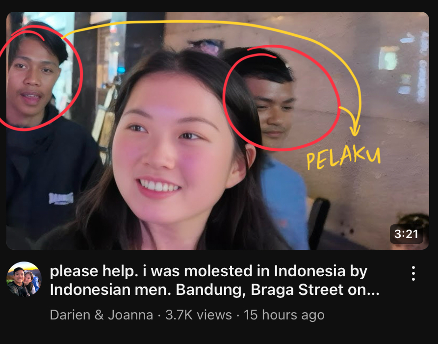 ⛔️ TW:  SEXUAL ASSAULT
 ⚠️ GUYS  TOLONG  VIRALKAN ⚠️ 
TERUTAMA WARGA BANDUNG,

barusan tadi w dapet video youtube TURIS  yang  menceritakan kalau dia kena gr3p3 bokongnya  sama  salah satu warlok di BRAGA pd tanggal 31 Desember  2024. NGESELIN BGT ANJIR KOMUK PELAKUNYA