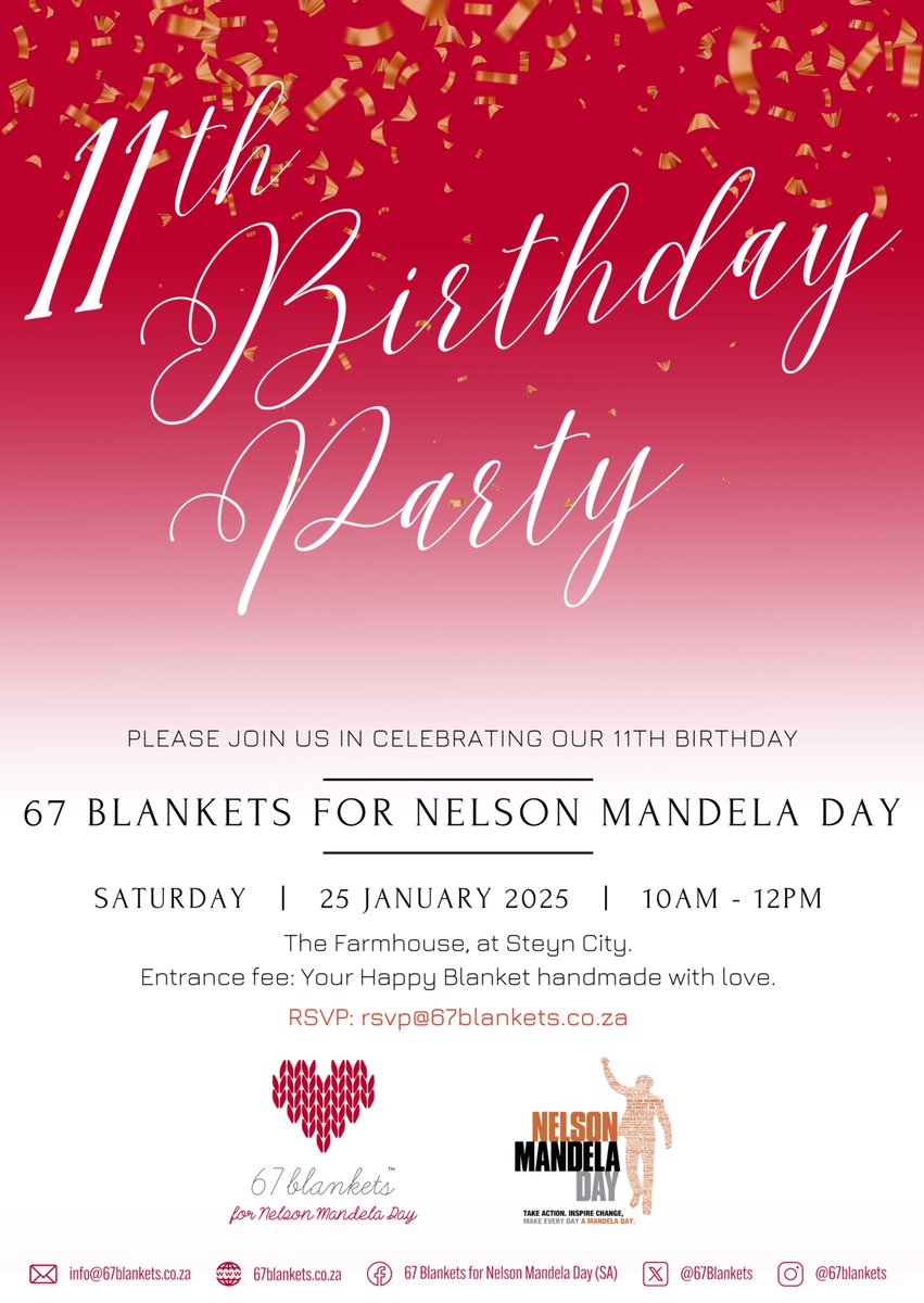 67Blankets's tweet photo. SAVE THE DATE!!
Please join us in celebrating our 11th birthday.
Date: Saturday, 25 January 2025.
Time: 10 - 12 AM.
Venue: The Farmhouse at Steyn City.
Entrance Fee: Your Happy Blanket handmade with love.
RSVP: rsvp@67blankets.co.za

#67Blankets 
@Carolyn_Steyn https://t.co/kuJEs8NsRk