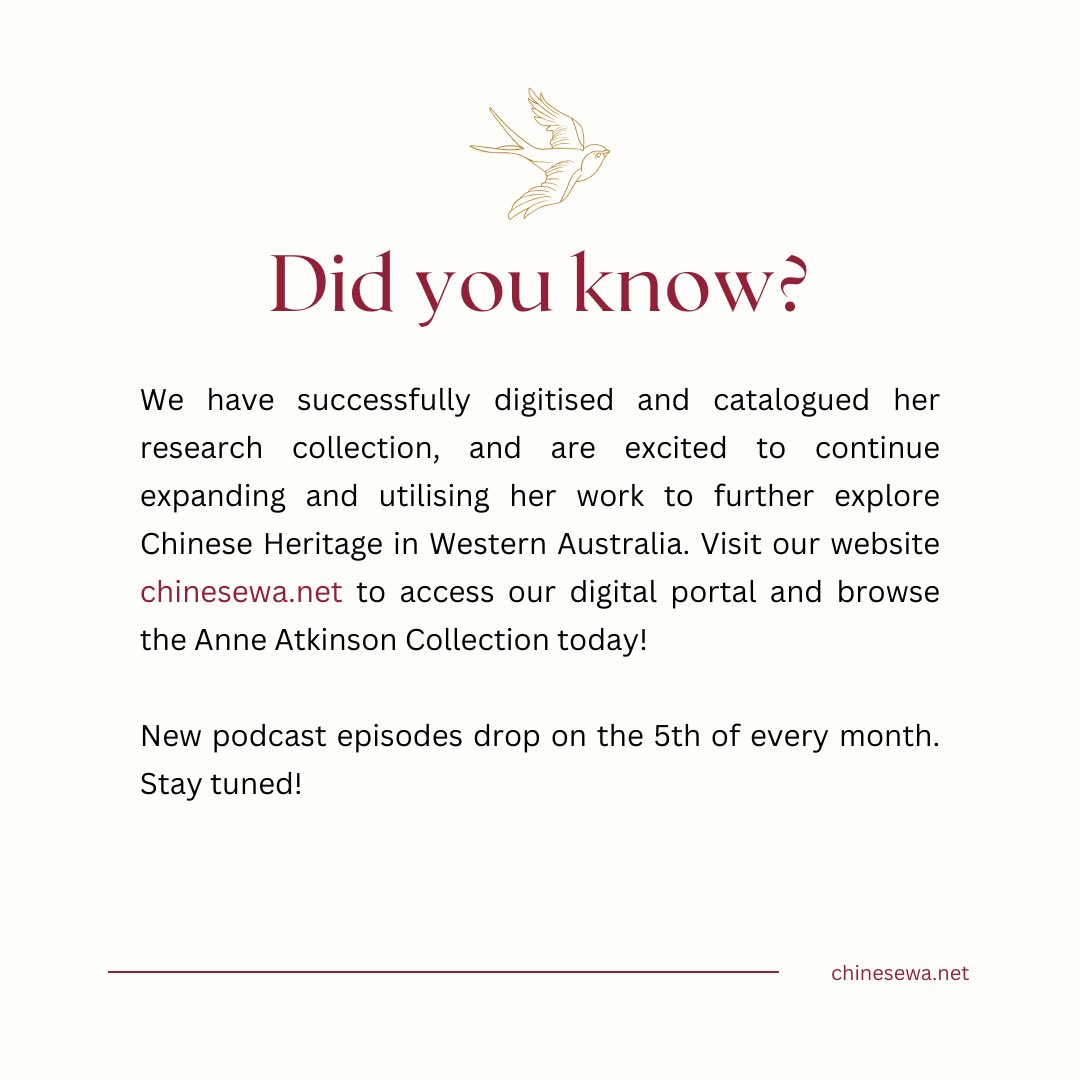 🎙 Coming soon! ✨

Our upcoming podcast episode delves into the life of Dr Anne Atkinson, a pioneer in Western Australia's Chinese history. 

New episodes drop on the 5th of every month. Listen here! ➡️ linktr.ee/chinesewa 🎧