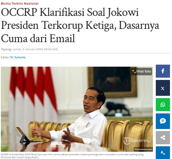 왕자의 아들 - DALBO (@dalbo__27) on Twitter photo OCCRP Klarifikasi Soal Jokowi Presiden Terkorup Ketiga, Dasarnya Cuma dari Email
OCCRP mengakui tidak memiliki bukti bahwa Jokowi terlibat dalam korupsi untuk keuntungan finansial pribadi selama masa jabatannya
Pembenci <a href="/jokowi/">Joko Widodo</a> moga paham
lampung.tribunnews.com/2025/01/03/occ… OCCRP Klarifikasi Soal Jokowi Presiden Terkorup Ketiga, Dasarnya Cuma dari Email
OCCRP mengakui tidak memiliki bukti bahwa Jokowi terlibat dalam korupsi untuk keuntungan finansial pribadi selama masa jabatannya
Pembenci <a href="/jokowi/">Joko Widodo</a> moga paham
lampung.tribunnews.com/2025/01/03/occ…