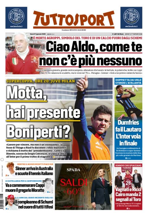 Buongiorno, le prime pagine sportive del #3gennaio: "Dum Dum Inter", "Dum Dumfries", "Motta, hai presente Boniperti?"